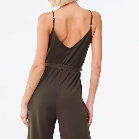 Olive Green Surplice V Neck Wide Leg Belt Jumpsuit - Picture 4 of 8